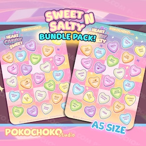 Cute Anti Valentines Valentine  Sweet n Salty Heart Candy Sticker Sheet, Valentine&#39;s Day gift, Kawaii BUNDLE PACK Laptop Stickers
