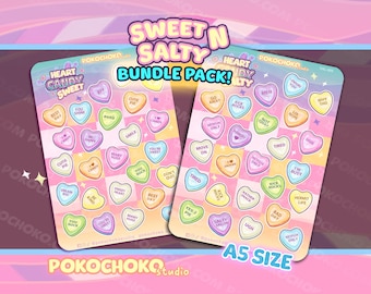 Cute Anti Valentines Valentine  Sweet n Salty Heart Candy Sticker Sheet, Valentine's Day gift, Kawaii BUNDLE PACK Laptop Stickers