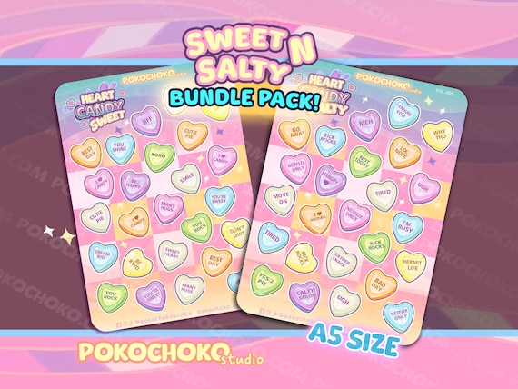 Cute Anti Valentines Valentine  Sweet n Salty Heart Candy Sticker Sheet, Valentine's Day gift, Kawaii BUNDLE PACK Laptop Stickers