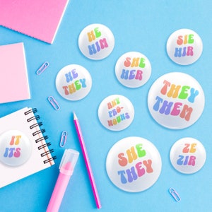 Pronoun pin, pronoun buttons, pronoun badge, gender neutral, genderfluid, nonbinary, lgbtqia+, neopronoun, preppy, pastel, any, pronoun pins