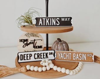 Personalized Wood Street Name Sign | Farmhouse Tiered Tray Decor | Custom Road Sign