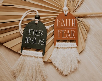 Christian Wood Car Charm | Boho Macrame Rearview Mirror Accessory