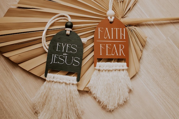 Christian Wood Car Charm | Boho Macrame Rearview Mirror Accessory