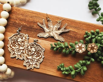 Tattoo Style Drop Earrings • Unique Handmade Dangle Earrings • Boho Rockabilly Tattoo Inspired Jewelry • Gift for Her • Lightweight Earrings