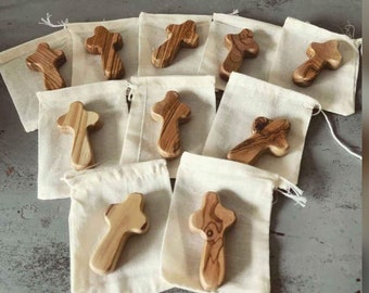 10 Holy Land Courage Crosses in cotton pouches with prayer cards. Hand carved from Olive wood in Jerusalem. Gifts Favors Cancer Hope Faith