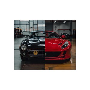 May include: A split image showcasing two Ferrari sports cars. One side is a classic black model with a round headlight and yellow emblem. The other side is a modern red model with sleek lines and a low profile. Both cars are in a garage setting.