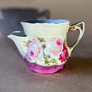 Antique German Porcelain Shaving Mug with Scuttle – Hand Painted Pink Roses & Gold Gilding – Shabby Chic / Cottagecore Decor