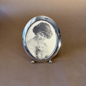 Antique Photo: Edwardian Lady with White Cat in Silver Frame