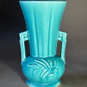 Vintage Turquoise McCoy Pottery Vase | Art Deco Style Double Handle Ceramic Vase | USA Made Collectible Home Decor