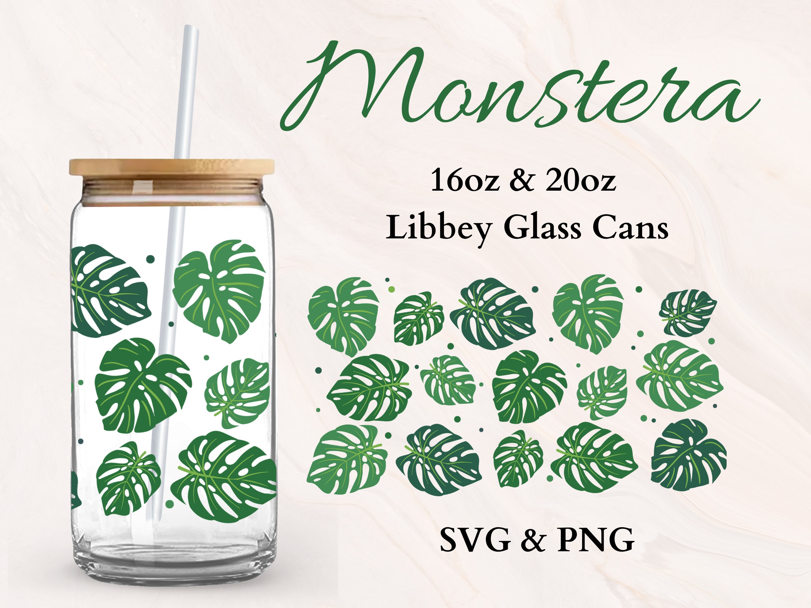 Monstera leaf wrap around Libby 'beer' Glass Cup 16oz or 20oz