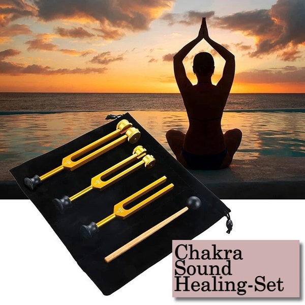 Chakra Tuning Fork Set of 3 Gold 128Hz | 256Hz | 512Hz tuning fork set for healing, sound therapy, meditation relaxation DNA repair