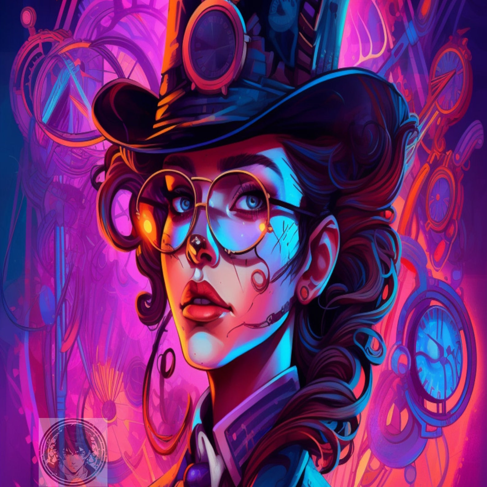 Neon Graffiti Steampunk Digital Wall Art, Purple Steampunk Decor