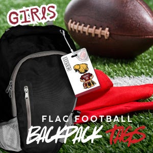May include: A black backpack with a white rectangular luggage tag attached. The tag features a cartoon illustration of a player with the name CASTLE and number 75. The text GIRLS FLAG FOOTBALL BACKPACK TAGS is visible in the image.