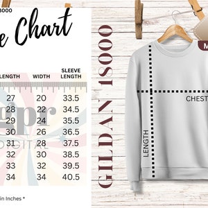 Gildan 18000 Size Chart, Hanging Size Chart for Gildan, Sweatshirt Gildan 18000 Mockup, Gildan 18000 Size Guide, Size Chart, inches and cm.