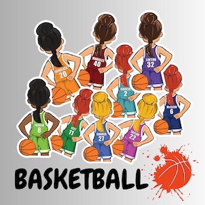 May include: A group of ten basketball players wearing different colored jerseys with numbers on the back. The players are all facing away from the viewer and holding basketballs. The text 