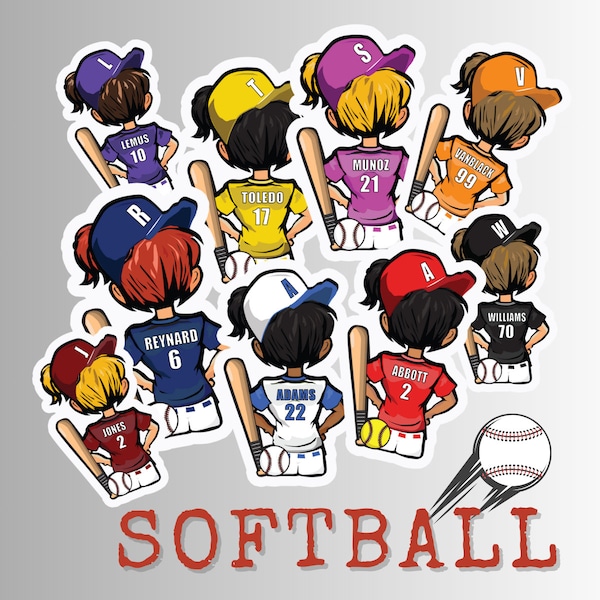 Personalized Softball Stickers, Custom decals, Girls Softball, Team number, Stickers for Water bottle, Player Gift, Team, Jersey color.