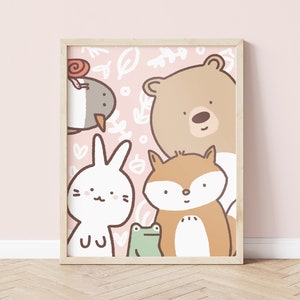 Nursery Woodland Animals Digital Print, Cute Neutral Hand Drawn Art, Baby Girl&#39;s Room, Poster Unique Simple Boho Colors