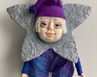 Christmas handmade fairy doll wall decor with star head doll in vintage style. Fantasy art doll for holiday decor. Christmas hanging star.