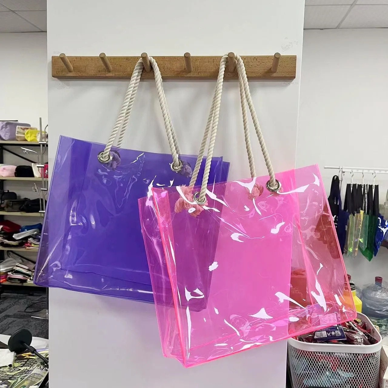 Letter Print Square Bag Mesh Design Neon Pink, Clear Bag