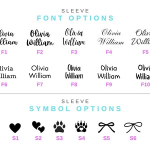 以下が含まれることがあります： 袖のカスタマイズオプションを示す白いグラフィック。 「Olivia William」という名前が、F1からF10までの10種類の異なるフォントスタイルで表示されています。 記号には、ハート、足跡、リボンがあり、S1からS6までラベル付けされています。
