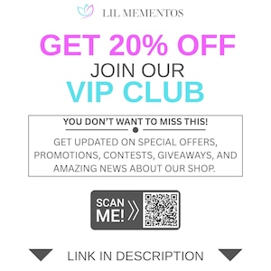 May include: White graphic with text: "GET 20% OFF JOIN OUR VIP CLUB". Includes a call to action: "YOU DON'T WANT TO MISS THIS!" with details about special offers and a QR code to scan. The bottom says "LINK IN DESCRIPTION".
