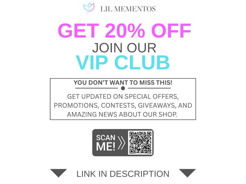 May include: White graphic with text: "GET 20% OFF JOIN OUR VIP CLUB". Includes a call to action: "YOU DON'T WANT TO MISS THIS!" with details about special offers and a QR code to scan. The bottom says "LINK IN DESCRIPTION".