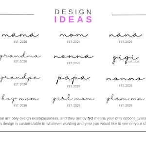 May include: A white background displays design ideas in black script, including "mama," "mom," and "nana," each with "EST. 2026." The word "IDEAS" is in purple. Text at the bottom states the design is customisable.