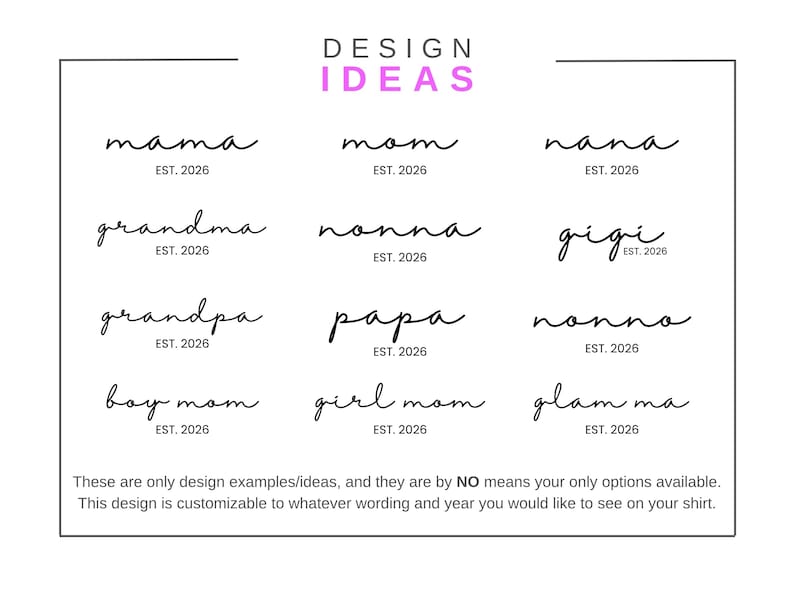 May include: A white background displays design ideas in black script, including "mama," "mom," and "nana," each with "EST. 2026." The word "IDEAS" is in purple. Text at the bottom states the design is customisable.