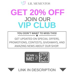 May include: White graphic with text: "GET 20% OFF JOIN OUR VIP CLUB". Includes a call to action: "YOU DON'T WANT TO MISS THIS!" with details about special offers and a QR code to scan. The bottom reads "LINK IN DESCRIPTION".
