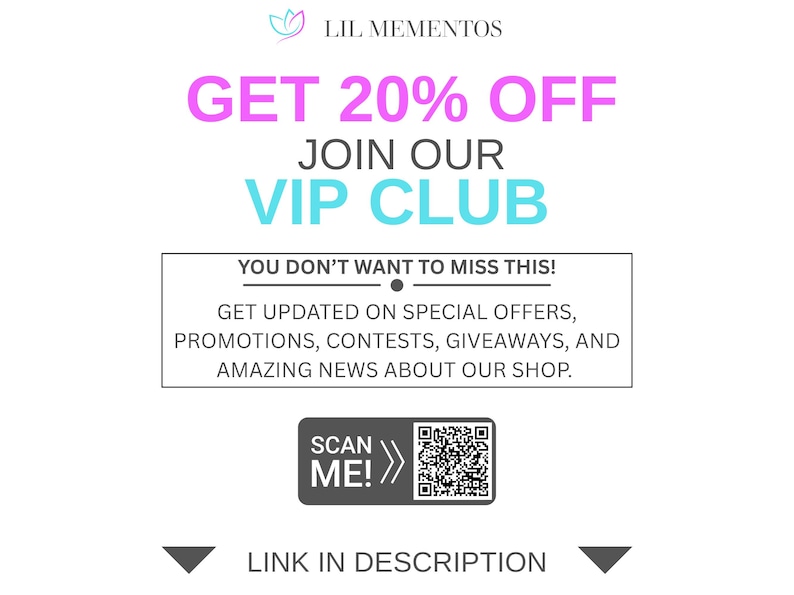 May include: White graphic with text: "GET 20% OFF JOIN OUR VIP CLUB". Includes a call to action: "YOU DON'T WANT TO MISS THIS!" with details about special offers and a QR code to scan. The bottom reads "LINK IN DESCRIPTION".