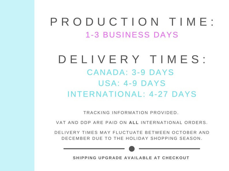 May include: Text on a white background with a light blue vertical stripe on the left. The text includes "PRODUCTION TIME: 1-3 BUSINESS DAYS" and "DELIVERY TIMES: CANADA: 3-9 DAYS, USA: 4-9 DAYS, INTERNATIONAL: 4-27 DAYS."
