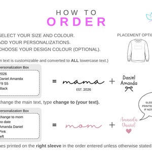 May include: A white graphic with instructions on how to order a custom sweatshirt. It details steps for size selection, personalization, and design colour choice. Examples of customisation are shown, including text and sleeve design options.
