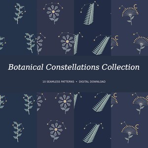 Op de afbeelding: Een digitale collectie getiteld Botanical Constellations Collection met 10 naadloze patronen op een donkerblauwe achtergrond. De ontwerpen tonen gestileerde botanische elementen zoals bladeren en bloemen gecombineerd met gouden sterrenbeelden.