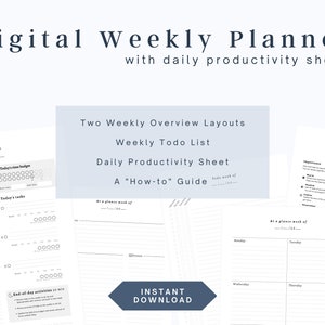 May include: A digital weekly planner with two weekly overview layouts, a weekly to-do list, a daily productivity sheet, and a "How-to" guide. The planner features a blue and white colour scheme and the text "INSTANT DOWNLOAD".