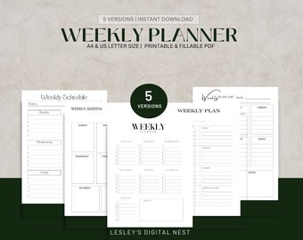 Five Day Weekly Planner | Instant Download | Printable, Fillable, Weekly Schedule, Study Planner | Weekly Agenda | Planner | US Letter | A4