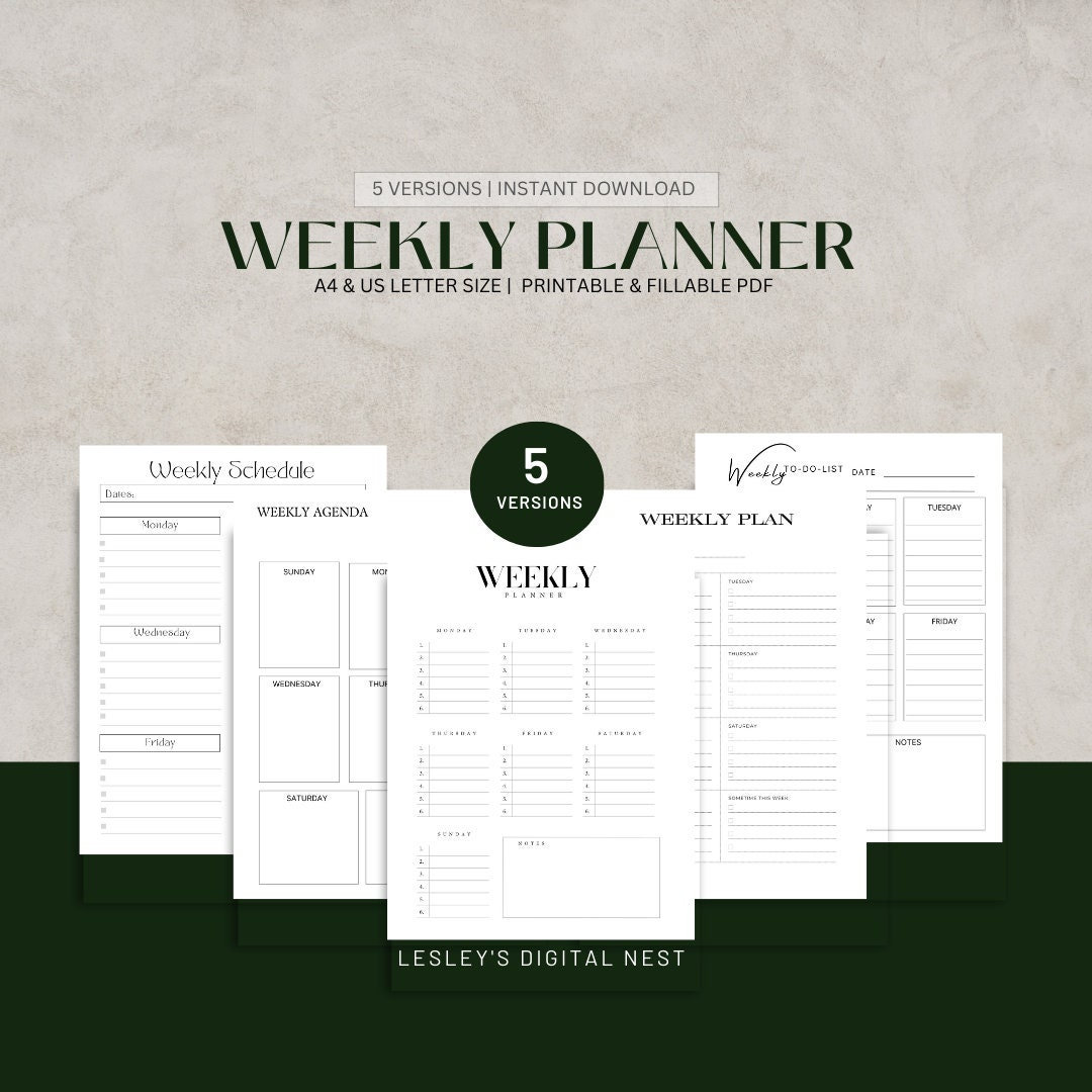 Five Day Weekly Planner Instant Download Printable, Fillable, Weekly ...