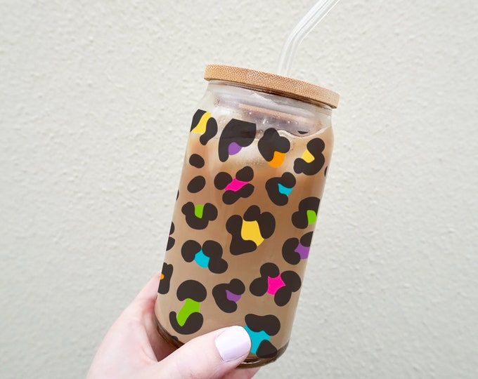 Colorful Leopard Print 16oz Libby Beer Can Glass with Bamboo Lid & Straw, gifts for her, gifts for mom, iced coffee cup, soda glass