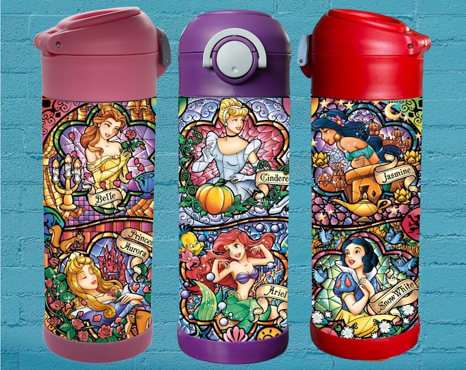 Stained Glass Princesses 12oz Flip Top Insulated Kids Bottle. Perfect for School, Camp, & Activities