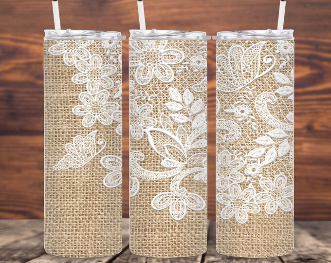 Burlap and Lace 20oz/30oz Stainless Steel Tumbler or Sports Bottle