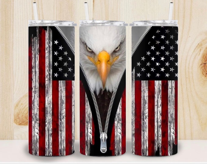 American Flag Unzipping to a Bald Eagle  20oz or 30oz Stainless Steel Tumbler or Sports Bottle, American Flag, America, Patriotic Tumbler