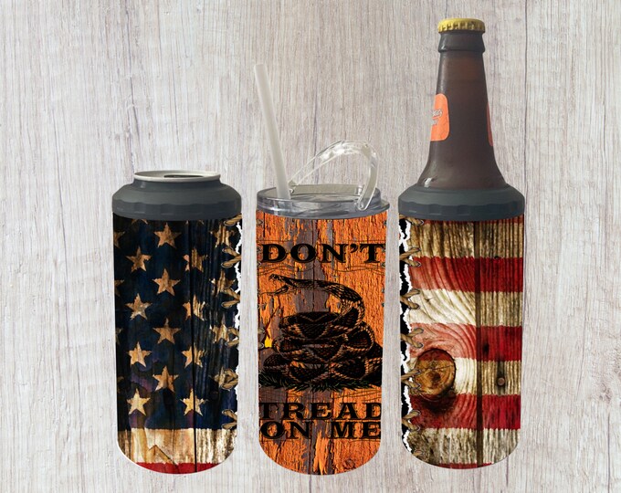 4 in 1 Can Cooler Don’t Tread on Me American Flag 16oz Tumbler