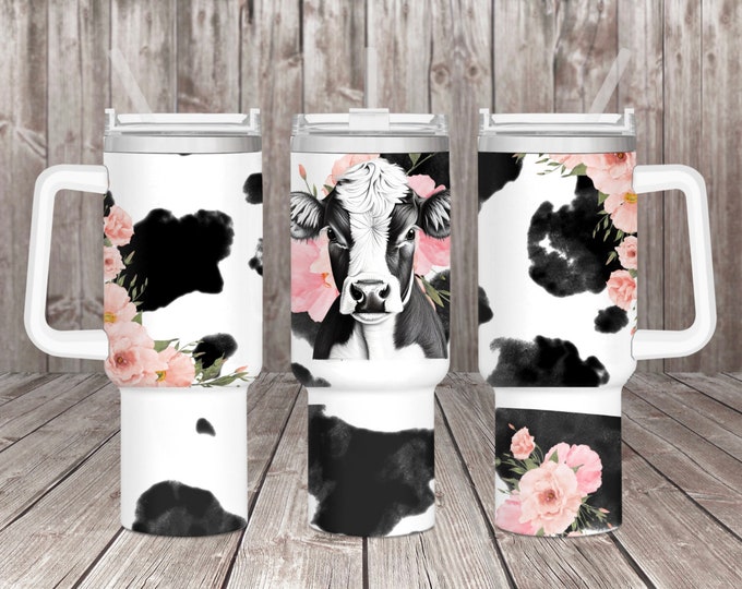 Cow and flowers 40oz Tumbler with choice of handle/lid color!