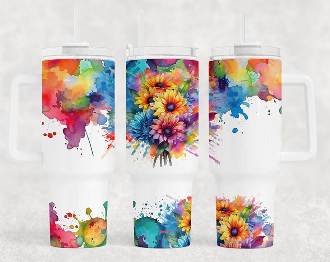 Alcohol Ink Sunflowers 40oz Tumbler with choice of handle/lid color!