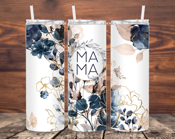 Mama Gold, Blue and Peach Colored Floral 20oz/30oz Stainless Steel Tumbler or Sports Bottle