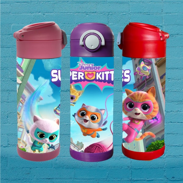 Super Kitties 12oz Flip Top Insulated Kids Bottle. Perfect for School, Camp, & Activities, gifts for kids, disney gifts