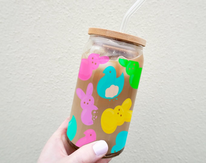 Marshmallow Candy 16oz Libby Beer Can Glass with Bamboo Lid & Straw, gifts for her, gifts for mom, iced coffee cup, soda glass, Easter cup