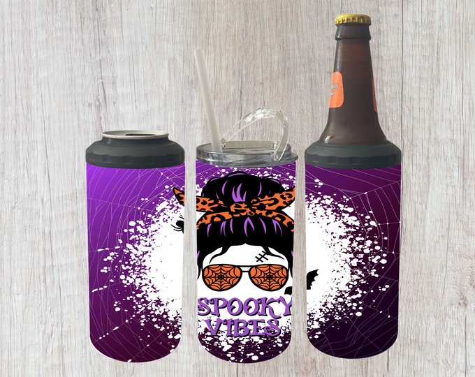 4 in 1 Can Cooler Messy Bun Spooky Vibes Halloween, 16oz Tumbler, Halloween can holder, spooky cup