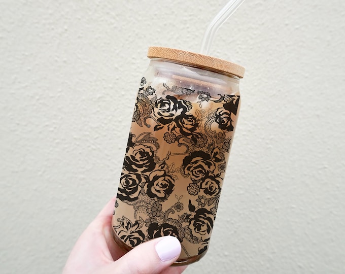 Black Lace 16oz Libby Beer Can Glass with Bamboo Lid & Straw, gifts for her, gifts for mom, iced coffee cup, soda glass
