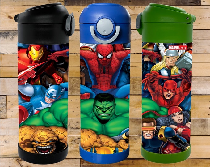 Superheros 12oz Flip Top Insulated Kids Bottle. Perfect for School, Camp, & Activities