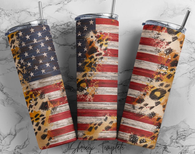 American Flag with Leopard Print  20oz/30oz Stainless Steel Tumbler or Sports Bottle